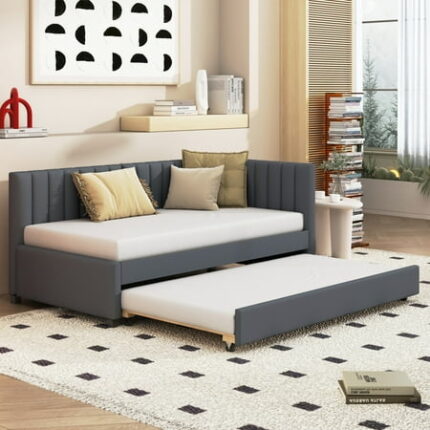 Twin Size Daybed with Trundle Upholstered Sofa Bed Frame with Pull Out Bed and Tufted Decorate Wooden Sofa Bedframe for Kids Teens Adults Bedroom Dorm No Box Spring Needed Gray