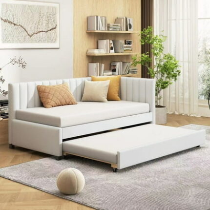 Twin Size Daybed with Trundle Upholstered Sofa Bed Frame with Pull Out Bed and Tufted Decorate Wooden Sofa Bedframe for Kids Teens Adults Bedroom Dorm No Box Spring Needed Beige