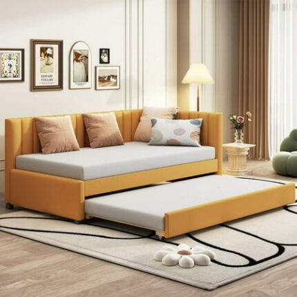 Twin Size Daybed with Trundle Upholstered Sofa Bed Frame with Pull Out Bed and Tufted Decorate Wooden Sofa Bedframe for Kids Teens Adults Bedroom Dorm No Box Spring Needed Yellow