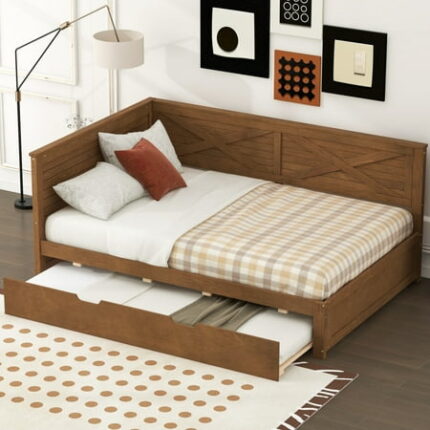Twin Size Daybed with Trundle Wood Bed Frame with Rustic Guardrail Bedframe for Bedroom Living Room Guest Room Brown