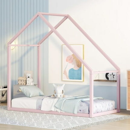Twin Size House Bed Metal Bed Frame without Slat Bedframes for Bedroom No Spring Needed Easy Assembly Pink