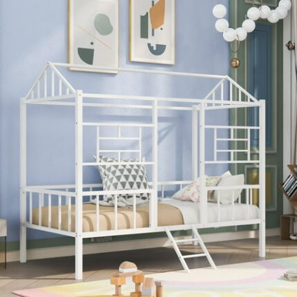 Twin Size House Bedframe Metal House Bed Frame with Safety Guardrail and Small Ladder House Bed with Metal Slatted Support for Kids Toddlers and Teens No Box Spring Needed White