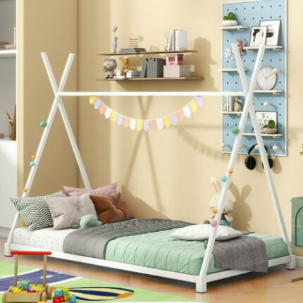 Twin Size House Platform Bed with Triangle Structure Metal Kids Twin Bed Frame Beds Bedframe for Bedroom Children Room Living Room Easy to Assemble No Box Spring Needed (White)