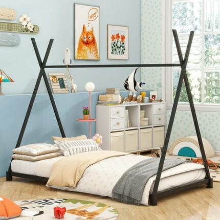 Twin Size House Platform Bed with Triangle Structure Metal Kids Twin Bed Frame Beds Bedframe for Bedroom Children Room Living Room Easy to Assemble No Box Spring Needed (Black)