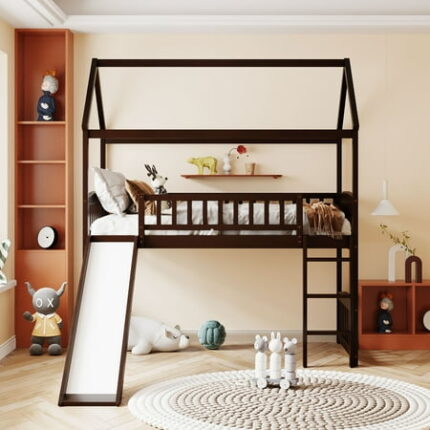 Twin Size Loft Bed House Bed with Slide Ladder and Full-Length Guardrail for Kids Boys and Girls Playhouse Bed Frame House Shaped Solid Wood Bedfram Space Saving Design No Box Spring Need Espresso