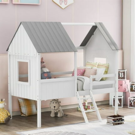 Twin Size Loft Bed Wood House Bed with 2 Side Windows for Kids Teens Adults Low Loft Bed Frame with Ladder and Roof for Bedroom Playhouse Space Saving Bedframe No Box Spring Needed White+Gray