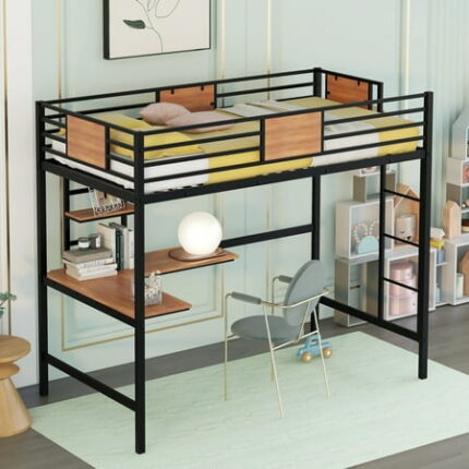 Twin Size Loft Bed with Built-in Desk and Ladder Metal Bed Frame with Storage Bookshelf and Full-length Guardrails Loft Bedframe for Kids Teens Bedroom Dorm Space Saving Black