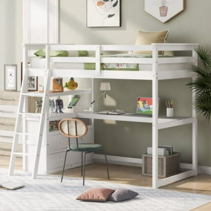 Twin Size Loft Bed with Desk Wood Bedfram with Storage Shelves and 2 Built-in Drawers Solid Wood Loft Bed Frame for Kids Teens Adults Space-Saving Bed for Bedroom No Spring Box Required White