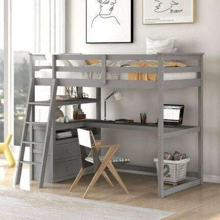 Twin Size Loft Bed with Desk Wood Bedfram with Storage Shelves and 2 Built-in Drawers Solid Wood Loft Bed Frame for Kids Teens Adults Space-Saving Bed for Bedroom No Spring Box Required Gray