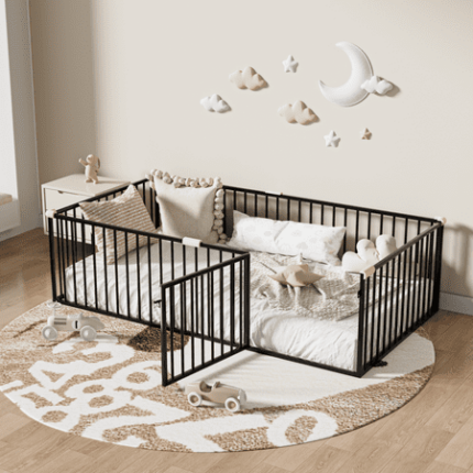 Twin Size Metal Floor Bed Frame with Fence and Door Montessori Bedframe No Box Spring Needed Easy to Install Bedroom Furniture for Kids Toddlers Boys Girls Black