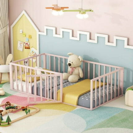 Twin Size Metal Floor Bed Montessori Bed Frame with Safety Guardrails and Door Metal Montessori Bedframe for Child Girls Boys No Box Spring Needed Pink