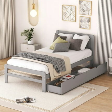 Twin Size Platform Bed Frame Solid Pinewood Bedframe with Two Drawers Modern Design Twin Size Platform Bed Space Saving Design No Box Spring Needed for Boys/Girls/Adult Bedroom Grey
