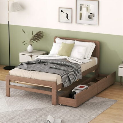 Twin Size Platform Bed Frame Solid Pinewood Bedframe with Two Drawers Modern Design Twin Size Platform Bed Space Saving Design No Box Spring Needed for Boys/Girls/Adult Bedroom Walnut