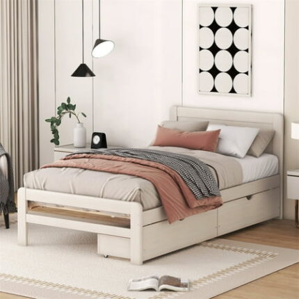Twin Size Platform Bed Frame Solid Pinewood Bedframe with Two Drawers Modern Design Twin Size Platform Bed Space Saving Design No Box Spring Needed for Boys/Girls/Adult Bedroom White Washed