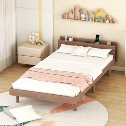 Twin Size Platform Bed Frame Solid Wood Upholstered Bed Frame with USB Ports Heavy-Duty Platform Bedframe Heavy-Duty Platform Bedframe
