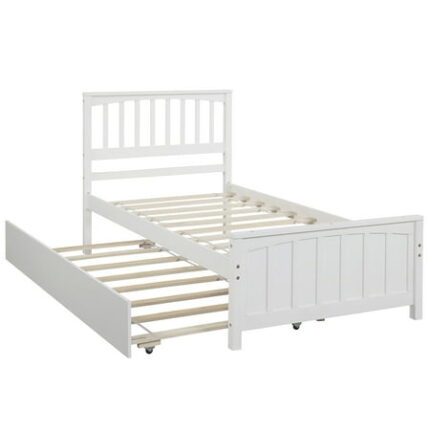 Twin Size Platform Bed with Trundle and Bookcase Platform Bed Frame with Headboard with Slat Support Solid Wooden Bedframe for Living Room Bedroom Furniture for Kids Teens Adults(White)