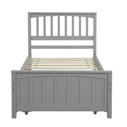 Twin Size Platform Bed with Trundle and Bookcase Platform Bed Frame with Headboard with Slat Support Solid Wooden Bedframe for Living Room Bedroom Furniture for Kids Teens Adults(Gray)