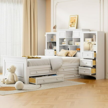 Twin Size Solid Wood Bed Frame with Vertical All-in-One Cabinet and 4 Drawers on Each Side Platform Bed Frame Mid Century Bedframe Wood Foundation(White Twin)