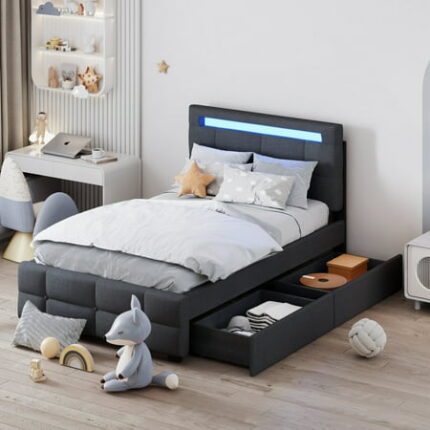 Twin Size Upholstered Bed Frame with LED Light Platform Bed with 2 Drawers Twin Size Bedframe with Linen Fabric Upholstered Headboard for Bedroom No Box Spring Needed Gray