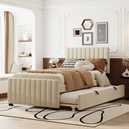 Twin Size Velvet Upholstered Platform Bed with Trundle Wood Bed Frame with Soft Headboard Twin Size Bedframe for Boys Girls Teens Adult Beige