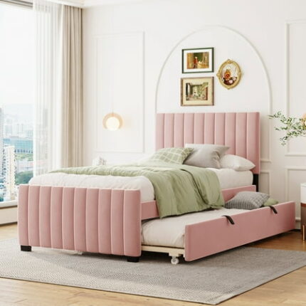Twin Size Velvet Upholstered Platform Bed with Trundle Wood Bed Frame with Soft Headboard Twin Size Bedframe for Boys Girls Teens Adult Pink