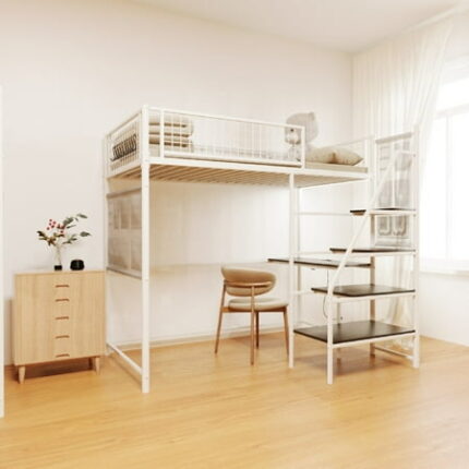 Twin Sized Loft Metal Bed with Charging Station Stylish Loft Bed Frame with Desk and LED lighting Heavy Duty Bedframe with Storage Shelves and Safety Guard for Bedroom and Dormitory White