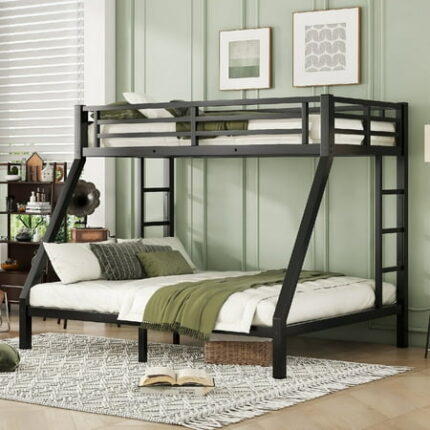 Twin XL Over Queen Bunk Bed Frame Metal Bunk Beds Frame with 2 Safety Side Ladder and Full Length Guardrail Heavy Buty Bunk Bedframe Space-Saving Noise-Free for Teens and Adults Black