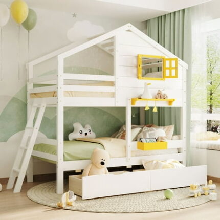 Twin over Twin Bunk Bed with 2 Drawers Wooden Bed Frame with 1 Storage Box 1 Shelf Window and Roof House Shaped Bedframes White