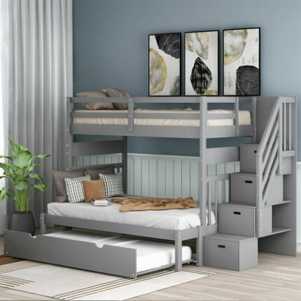 Twin over Twin/Full Bunk Bed with Twin Size Trundle Wood Bunk Bed Frame with Storage Stairs for Kids Teens Adults Bunk Bedframe with Safety Guardrails Convertible to 2 Platform Beds Gray