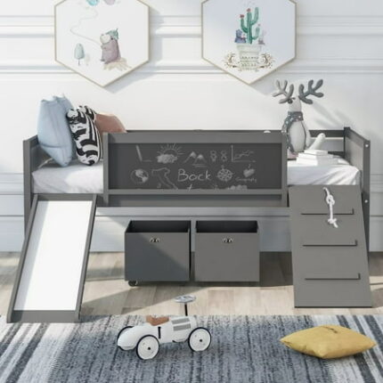 Twin size Loft Bed with Slide for Kids Solid Wood Low Bed Frame with Climbing Frame & Rope and Two Storage Boxes Modern Storage Bedframe with Double-sided Chalkboard for Boys Girls Gray