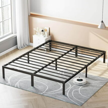 Ufurpie Queen Size Bed Frame 700lbs Heavy Duty Metal Platform with Steel Slats Support No Box Spring Needed 14 inches high Bedframe with Ample Storage Sturdy and Noise-Free Black