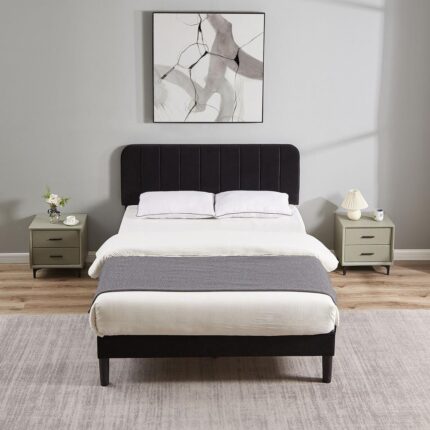 Upholstered Bed, Black Full Bed Platform BedFrame with Adjustable Headboard, Strong Wooden Slats Support Bed Frame
