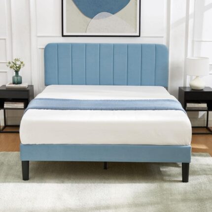 Upholstered Bed, Light Blue Queen Bed Platform BedFrame with Adjustable Headboard, Strong Wooden Slats Support Bed Frame