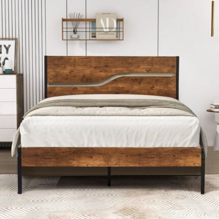 VECELO Full Size Metal Bed Frame with Wooden Headboard and Footboard Industrial Full Platform Bed No Box Spring Needed Metal Bedframe Easy to Assemble Noise Free Mattress Foundation Rustic Brown