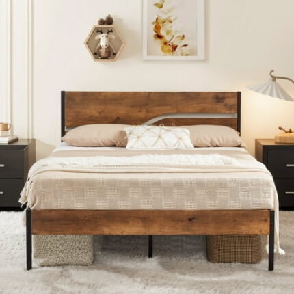 VECELO Queen Size Metal Bed Frame with Wooden Headboard and Footboard Industrial Queen Platform Bed No Box Spring Needed Metal Bedframe Easy to Assemble Noise Free Mattress Foundation Rustic Brown