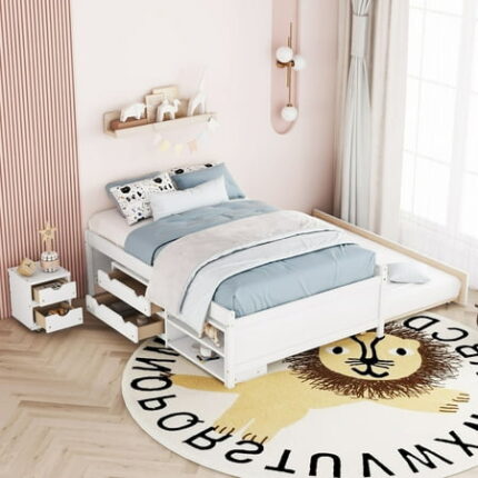 Versatile Full Size Solid Wood Bed Frame with Trundle Under bed Storage Box and Nightstand Platform Bed Frame Mid Century Bedframe Wood Foundation(White Full)