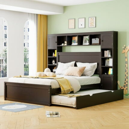 Versatility Galore Solid Wood Bed Frame with All-in-One Cabinet Shelf and Sockets Platform Bed Frame Mid Century Bedframe Wood Foundation(Espresso Queen)