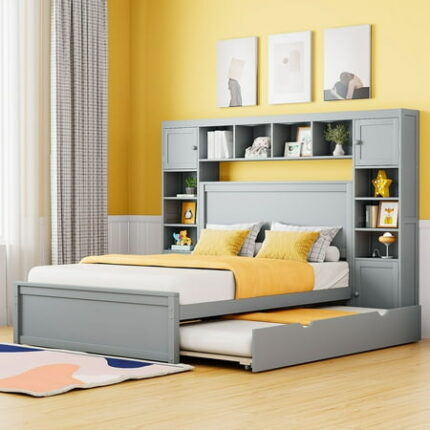 Versatility Galore Solid Wood Bed Frame with All-in-One Cabinet Shelf and Sockets Platform Bed Frame Mid Century Bedframe Wood Foundation(Gray Full)