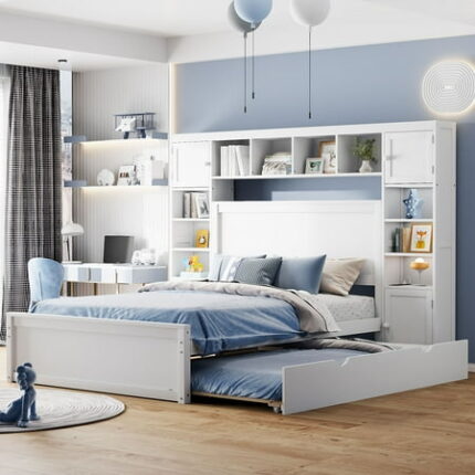 Versatility Galore Solid Wood Bed Frame with All-in-One Cabinet Shelf and Sockets Platform Bed Frame Mid Century Bedframe Wood Foundation(White Full)