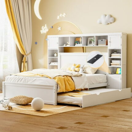 Versatility Galore Solid Wood Bed Frame with All-in-One Cabinet Shelf and Sockets Platform Bed Frame Mid Century Bedframe Wood Foundation(White Queen)