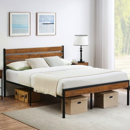 WhizMax Queen Bed Frame with Headboard Footboard Rustic Brown Wood Farmhouse Platform Bed Frames Wrought Rod Metal Slat Farmhouse Bedframe No Box Spring Needed Farm House Base Beds Foundation-Queen