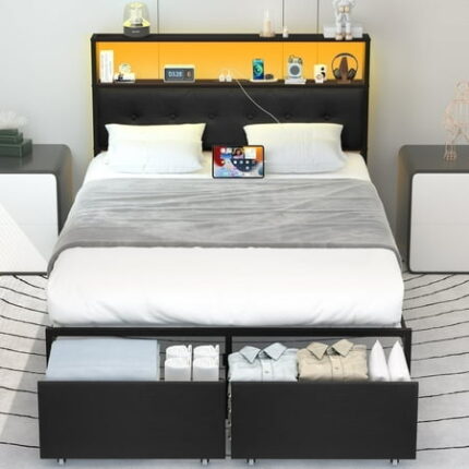 Yoobure Full Bed Frame with Headboard Metal Platform Bed Frame Full Size Heavy Duty Bed Frames with 2 Storage Drawers Bedframe with Charging Station & LED Light No Box Spring Needed