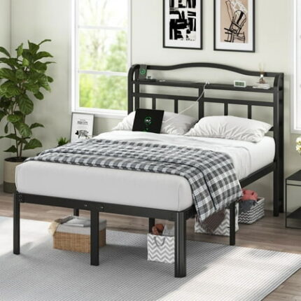 18 Inch Bed Frame Queen Size with Headboard & Charging Station Heavy Duty Queen Bedframe Black Mattress Foundation No Box Spring Needed Easy Assembly Noise Free