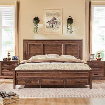 ACCOHOHO Rustic Queen Size Bed Frame with 52 Tall Full-Panel Headboard Wood Platform Bedframe with Footboard and Storage Drawers No Squeak No Box Spring Needed Brown