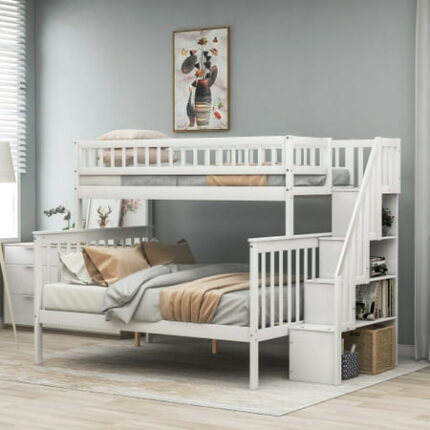 Bunk Bed with Storage Shelves & Guardrail for Dorm Stairway Twin-Over-Full Bunk Bed Frame for Kids Bedroom Pine Wood Bedframe Space Saving Design &No Box Spring Needed White