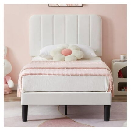 ChicCrest Size Upholstered Bed Frame with Adjustable Headboard Velvet Platform Bedframe Mattress Foundation Strong Wood Slat Support No Box Spring Needed White