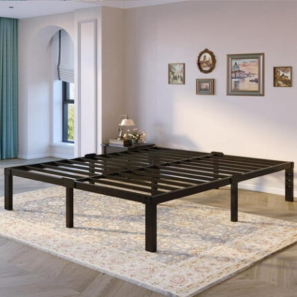 Full Bed Frame with Headboard Compatible Storage No Box Spring Needed Size Black Heavy Duty Metal Platform Bedframe No Box Spring Needed 18 Inch High