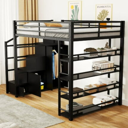 Full Size Loft Bed Frame with Wardrobe Metal Beds Frame with Storage Stairs Heavy Duty Stairway Loft Bedframe with Shelves Cabinets and Safety Guard Easy Assembly Mattress Not Included Black