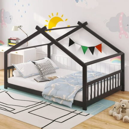 Full Size Wood House Bed Wooden Bedframe with Roof Headboard and Footboard Low Floor Twin Bed Frame for Kids Teens No Box Spring Needed Espresso