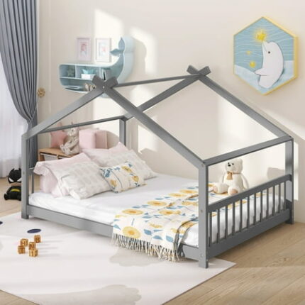 Full Size Wood House Bed Wooden Bedframe with Roof Headboard and Footboard Low Floor Twin Bed Frame for Kids Teens No Box Spring Needed Gray